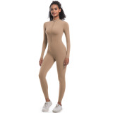 New cross-border European and American style half-zip tight-fitting solid color high-elastic long yoga jumpsuit for fitness and running
