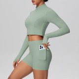 In-stock cross-border solid color brushed fabric nude-feel short jacket set with tight-fitting pocket shorts, two-piece fitness yoga outfit