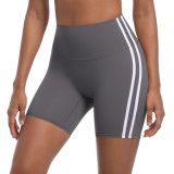 New cross-border striped fitness tight high-waisted peach-colored three-quarter shorts with contrasting colors, breathable sports running yoga shorts for women