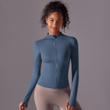 New solid color slim-fit stand-up collar zip-up long-sleeve jacket, brushed fabric sports running fitness long yoga top for women
