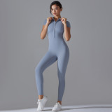 New solid color zippered tight-fitting high-elastic short-sleeved jumpsuit for sports, fitness, running, and yoga