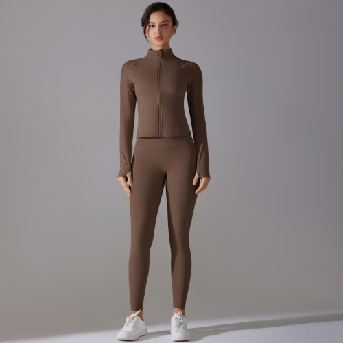 New cross-border solid color antibacterial no-underwear zipper jacket yoga outfit set for sports, running, and fitness two-piece set