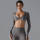 New sports long-sleeve fitness top for women, deep V-neck, slim fit, breathable, ins-style, cropped outdoor yoga top
