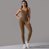 Cross-border seamless knitted ribbed solid color tight-fitting flat-neck jumpsuit for sports, running, fitness, and yoga