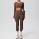 In-stock cross-border solid color double-sided brushed breathable high-elasticity tight-fitting yoga outfit set for sports, running, and fitness two-piece set