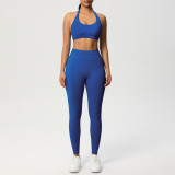 Cross-border seamless solid color halter neck sports bra yoga outfit set, tight-fitting running and fitness two-piece set