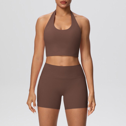 New cross-border solid color brushed fabric halter neck tank top and pocket pants yoga outfit set, sports fitness shorts two-piece set for women