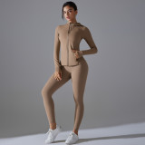 New style no-underwear required double-sided nylon yoga outfit set, solid color zippered hooded sports jacket, running and fitness set