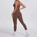 Cross-border European and American brushed solid color tight-fitting racerback pocket sports suit two-piece set for running, fitness, and yoga