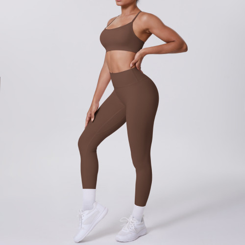 New cross-border European and American double-sided nylon tight-fitting cross-back sports yoga outfit set for running and fitness, two-piece set