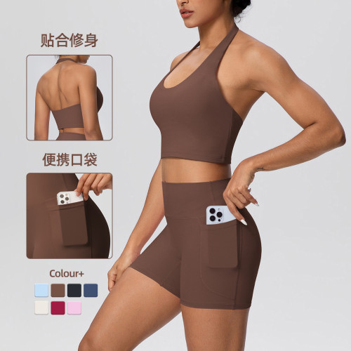 New cross-border solid color brushed fabric halter neck tank top and pocket pants yoga outfit set, sports fitness shorts two-piece set for women