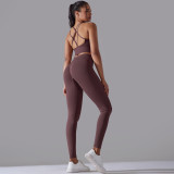 Cross-border European and American seamless knitted solid color high-elastic tight-fitting yoga outfit set, two-piece running and fitness wear for women