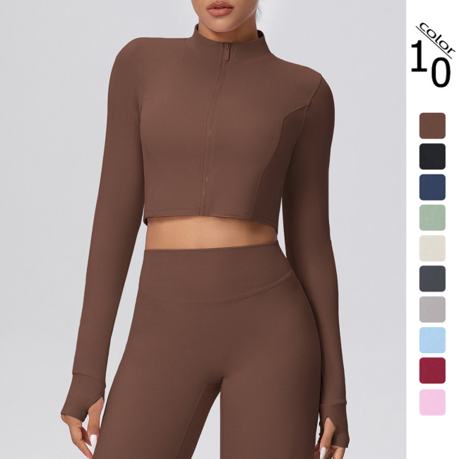 New cross-border solid color brushed zipper short long-sleeve jacket yoga wear sports running fitness yoga top for women
