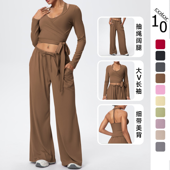 New cross-border solid color brushed breathable tight-fitting high-elastic yoga outfit set for sports, running, fitness, and yoga - three-piece set