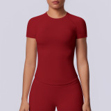New cross-border European and American seamless solid color tight-fitting high-elastic breathable T-shirt for sports, running, fitness, and yoga for women