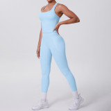 Cross-border European and American brushed solid color tight-fitting racerback pocket sports suit two-piece set for running, fitness, and yoga