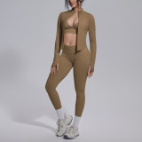 New cross-border seamless solid color tight-fitting high-elastic breathable three-piece sports running fitness yoga outfit set