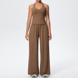 Cross-border V-neck beautiful back tight-fitting breathable solid color wide-leg yoga outfit sports running fitness set for women
