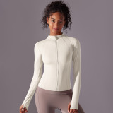 New solid color slim-fit stand-up collar zip-up long-sleeve jacket, brushed fabric sports running fitness long yoga top for women