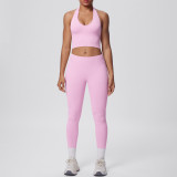 Cross-border European and American seamless tight-fitting halter neck backless yoga outfit set for women, two-piece running sports fitness yoga wear