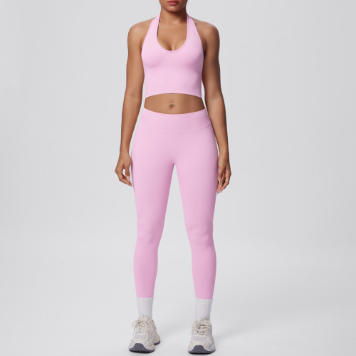 Cross-border European and American seamless tight-fitting halter neck backless yoga outfit set for women, two-piece running sports fitness yoga wear