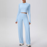 New cross-border solid color double-sided brushed zipper jacket and wide-leg yoga outfit set for sports, running, and fitness two-piece set