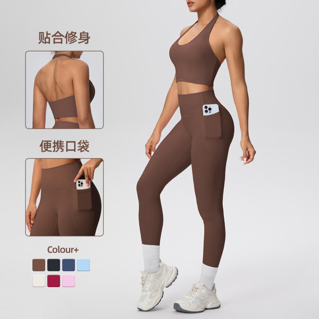 New cross-border solid color brushed fabric halter neck tank top and pocket pants yoga outfit set for women, suitable for sports, running, and fitness