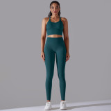 Cross-border European and American new seamless knit solid color backless tight-fitting high-waisted yoga outfit set for running and fitness two-piece set