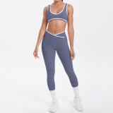 New cross-border brushed fabric color-block tight-fitting breathable cross-over wide-leg yoga outfit set for sports, running, and fitness two-piece set