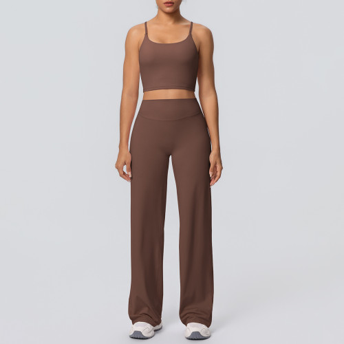 New cross-border brushed solid color backless tight-fitting breathable wide-leg yoga outfit set for sports, running, and fitness two-piece set