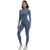 New cross-border European and American style half-zip tight-fitting solid color high-elastic long yoga jumpsuit for fitness and running
