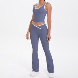 Cross-border double-sided brushed fabric color-blocked tight-fitting breathable cross-over wide-leg yoga outfit set for sports, running, and fitness two-piece set