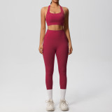 European and American cross-border yoga double-sided brushed vest with shockproof pocket pants, Pilates running fitness yoga two-piece set