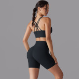 New style no-underwear three-quarter shorts yoga outfit set with beautiful back cross sports bra fitness yoga outfit set