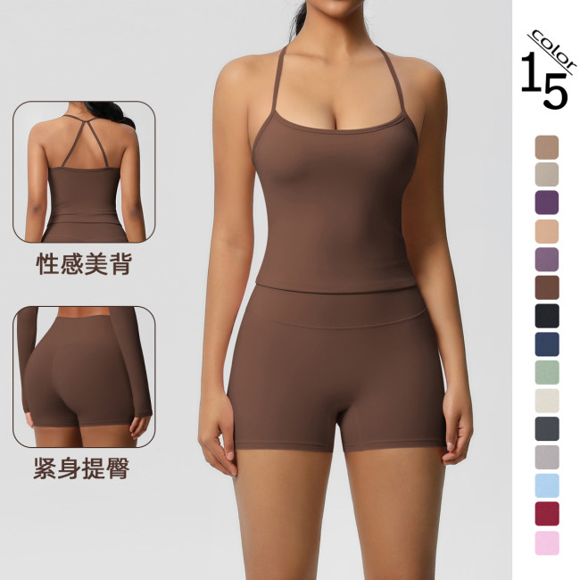 In-stock cross-border solid color double-sided brushed long tank top with beautiful back design, tight-fitting sports running fitness yoga wear for women