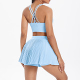 Cross-border European and American solid color tight-fitting brushed fabric cross-back short skirt two-piece set for running, fitness, training, and yoga