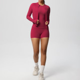 New cross-border breathable tight-fitting brushed long-sleeve jacket fitness yoga outfit solid color three-piece gym sportswear for women