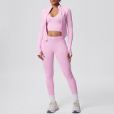 Cross-border seamless solid color tight-fitting breathable high-elasticity yoga outfit set for sports, running, and fitness, three-piece yoga set