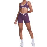 New cross-border double-sided brushed contrasting color tight-fitting breathable cross-over yoga outfit set for sports, running, and fitness two-piece set