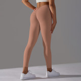 Cross-border European and American brushed V-waist pleated solid color peach butt-lifting yoga pants for sports, running, and fitness, tight-fitting nine-point pants