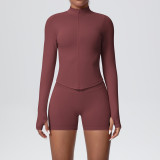 New cross-border seamless solid color tight-fitting high-elastic breathable zippered sports suit two-piece set for running, fitness, and yoga