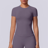 New cross-border European and American seamless solid color tight-fitting high-elastic breathable T-shirt for sports, running, fitness, and yoga for women