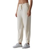 New drawstring solid color high-elasticity sports sweatpants, breathable loose yoga pants for training, running, and fitness, women's 7/8 length pants
