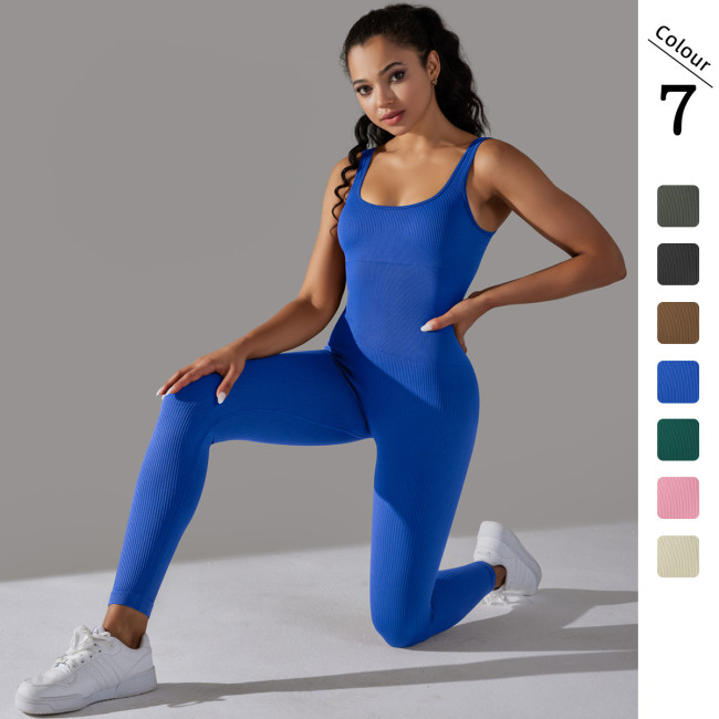 Cross-border seamless knitted ribbed solid color tight-fitting flat-neck jumpsuit for sports, running, fitness, and yoga