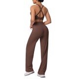 Cross-border European and American solid color double-sided brushed fabric cross-back sports bra yoga outfit set for running and fitness two-piece set