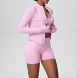 Cross-border seamless solid color high-elastic tight-fitting breathable short jacket yoga outfit sports running fitness three-piece set