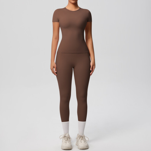 In-stock cross-border solid color double-sided brushed breathable high-elasticity tight-fitting yoga outfit set for sports, running, and fitness two-piece set
