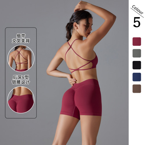 New seamless solid color cross-back high-elastic tight-fitting sports bra and yoga outfit set for running and fitness two-piece set
