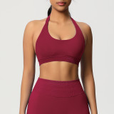 Cross-border solid color seamless backless high-elasticity tight-fitting halter neck sports bra for running, fitness, and yoga for women