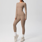 In-stock cross-border double-sided brushed solid color tight-fitting long-sleeve yoga outfit set for sports, running, and fitness two-piece set